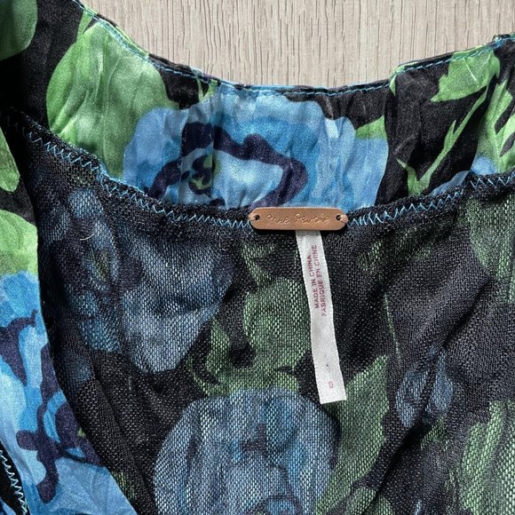 Free People Fit & Flare Dress Women Blue Size 0 Floral Cap Sleeves Silk - Picture 8 of 9